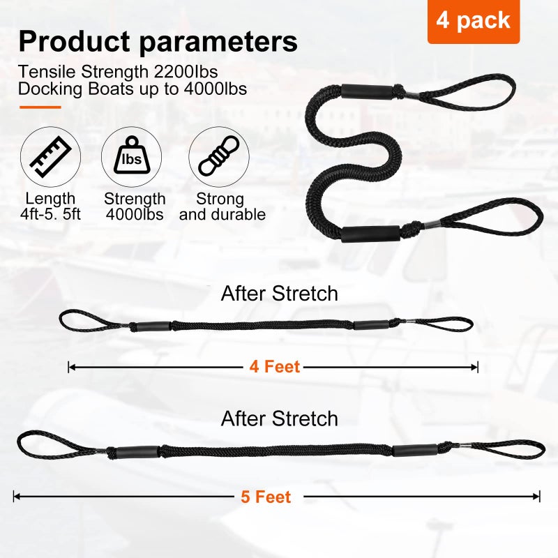 Jranter Bungee Dock Lines - Boat Accessories - 4 Feet Shock Cords Docking Rope Mooring Rope for PWC,Jet ski,Pontoon,Kayak,Canoe,Power Boat,Watercraft (Black) - Image 4